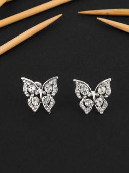E2O - Silver-Plated Cz Studded Contemporary Butterfly Studs Earrings