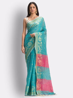 Angoshobha - Turquoise Tangail Cotton Blended Handloom Saree with Unstitched Blouse