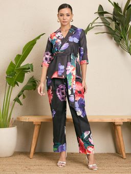 Uptownie - Printed Linen Jacket and Pants Black (Set of 3)