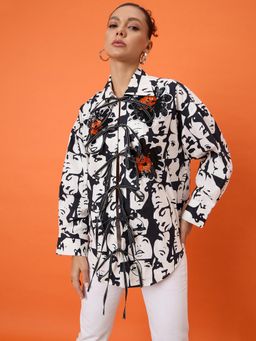 Uptownie - Printed Tie-Up Full Sleeve Sequinned Cotton Shirt