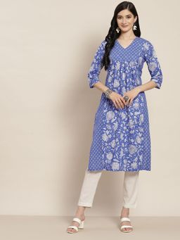Rain & Rainbow - Women Blue Ethnic Motifs Floral Printed A-line Kurta