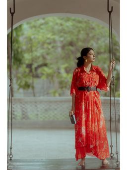 Paulmi & Harsh - Poppy Red Rose Asymmetrical Shirt Dress (Set of 2)