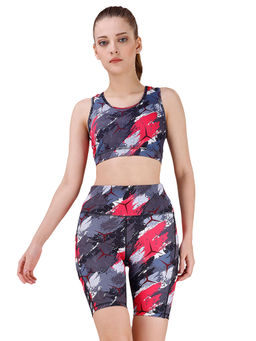 SOIE - Women Medium Impact Quick Dry Racerback Printed Sports Bra & Knee Shorts (Set of 2)