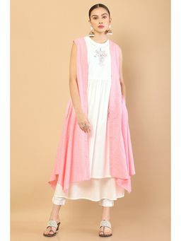 Soch - Pink & White Cotton Layered Jacket with Kurta (Set of 2)