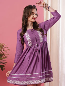 Globus - Women Lilac Embroidered Yoke Pintuck Detailing A-Line Dress