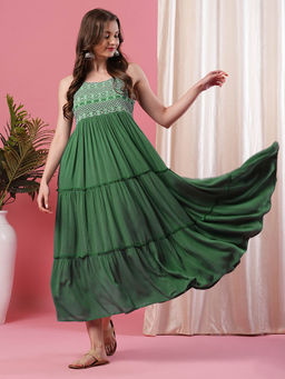 Globus - Women Green Embroidered Yoke Flared Tiered A-Line Midi Dress