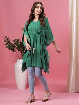Globus - Women Green V-Neck Embroidered Above Knee Fusion Kaftan Kurta