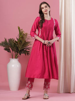 Globus - Women Pink Embroidered & Pleated Yoke Calf Length A-Line Kurta with Pant (Set of 2)