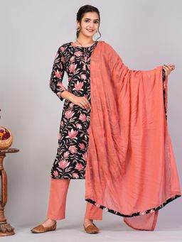 Gahan - Women Black Ethnic Motifs Floral Print Kurta with Pant & Dupatta