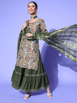 Gahan - Womens Kalamkari Print Straight Side Slit Kurta Sharara With Dupatta
