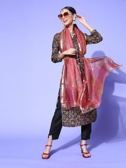 Gahan - Womens Kalamkari Print Straight Side Slit Kurta Pant With Dupatta