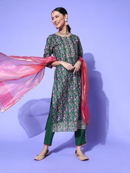 Gahan - Womens Kalamkari Print Straight Side Slit Kurta Pant With Dupatta