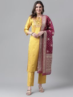 Gahan - Womens Art Silk Embroidered Straight Side Slit Kurta Pant With Dupatta