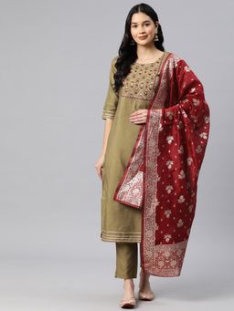 Gahan - Womens Olive Art Silk Heavy Embroidered Kurta Pant With Dupatta