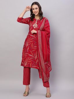 Gahan - Women Red Ethnic Motifs Floral Print Kurta with Pant & Dupatta
