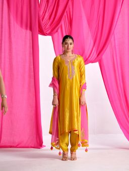 Almaari By Pooja - Yellow Gulzaar Silk Ensemble Kurta with Salwar and Dupatta