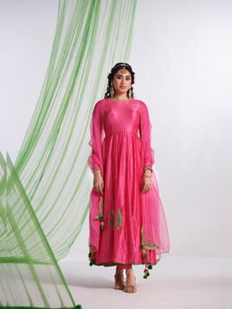 Almaari By Pooja - Pink Noor-E-Jahaan Silk Ensemble Anarkali with Pant and Dupatta