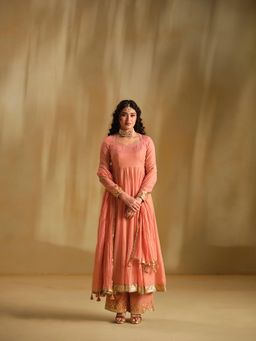 Almaari By Pooja - Pink Zehra Chanderi Anarkali with Palazzo and Dupatta