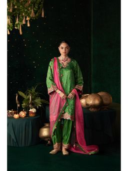Almaari By Pooja - Parrot Green Silk Kurta with Salwar with Dupatta