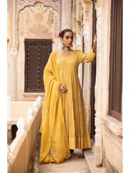 Amoree - Yellow Chanderi Anarkali with Pant and Dupatta