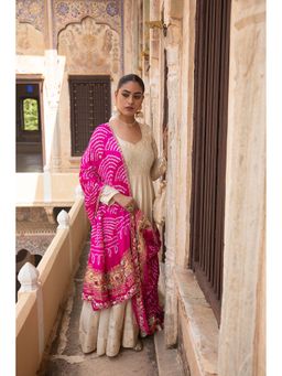 Amoree - Beige Chanderi Anarkali with Pant and Dupatta