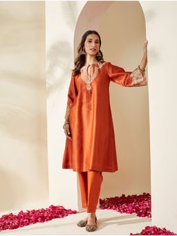 Mushio - Orange Embroidered Chanderi Svara Kurta