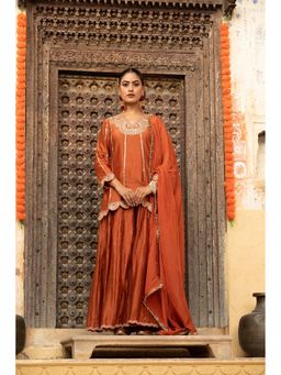 Amoree - Orange Silk Kurti with Palazzo and Dupatta