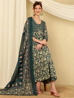 MIZAZJAIPUR - Cotton Floral Printed V-Neck Flared Kurta with Pant and Dupatta (Set of 3)