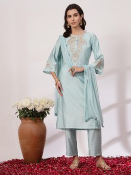 Nayam by lakshita - Embroidered Round Neck Straight Kurta Pant with Dupatta (Set of 3)