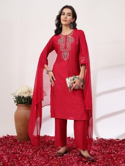 Nayam by lakshita - Embroidered Round Neck Straight Kurta Palazzo with Dupatta (Set of 3)