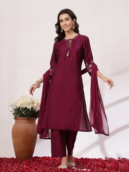 Nayam by lakshita - Embroidered Viscose Straight Kurta Palazzo with Dupatta (Set of 3)