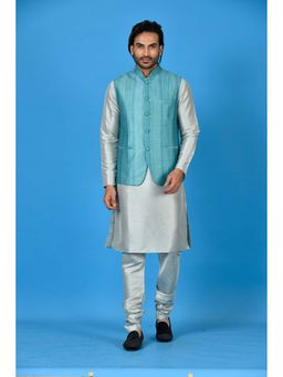 Simaaya - Teal Premium Quality Satin Kurta with Churidar and Nehru Jacket (Set of 3)