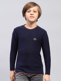 Monte Carlo - Boys Solid Navy Blue Round Neck Full Sleeve Pullover Sweater