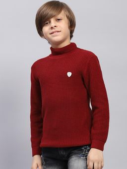 Monte Carlo - Boys Self Design Maroon Turtle Neck Full Sleeve Pullover Sweater
