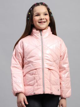 Monte Carlo - Girls Pink Solid High Neck Full Sleeve Puffer Jacket