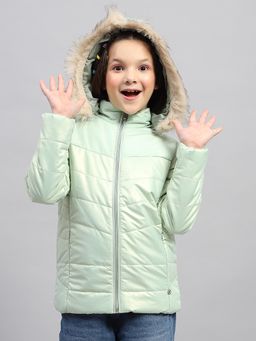 Monte Carlo - Girls Sea Green Solid Hooded Full Sleeve Puffer Jacket