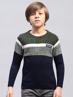 Monte Carlo - Boys Color Block Navy Blue Round Neck Full Sleeve Pullover Sweater