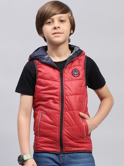 Monte Carlo - Boys Printed Red Hooded Sleeveless Reversible Puffer Jacket