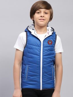 Monte Carlo - Boys Printed Blue Hooded Sleeveless Reversible Puffer Jacket