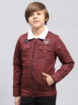 Monte Carlo - Boys Solid Maroon Collared Neck Full Sleeve Puffer Jacket