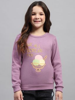 Monte Carlo - Girls Printed Purple Round Neck Full Sleeve Sweatshirt