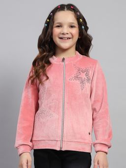 Monte Carlo - Girls Pink Embellished Round Neck Full Sleeve Sweatshirt