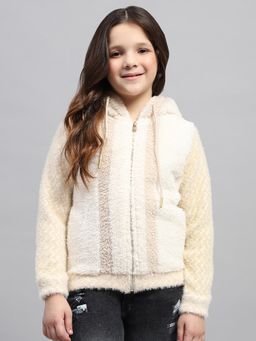 Monte Carlo - Girls Self Design Beige Hooded Full Sleeve Sweatshirt