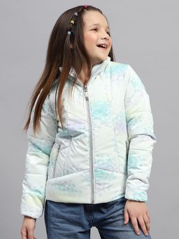 Monte Carlo - Girls Light Green Printed High Neck Full Sleeve Puffer Jacket