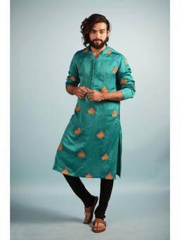 HILO DESIGN - Green - Green Leaf Embroidered Linen Satin Kurta