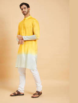 HILO DESIGN - Lahza - Yellow Ombre Falling Raw Silk Kurta