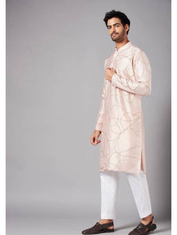 HILO DESIGN - Ilaria - Peach Hand Embroidered Dupion Silk Kurta
