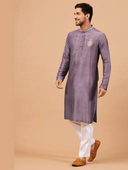 HILO DESIGN - Inara - Purple Embroidered Cotton Satin Kurta