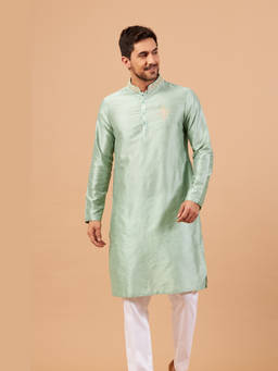 HILO DESIGN - Amil - Pastel Green Embroidered Cotton Satin Kurta