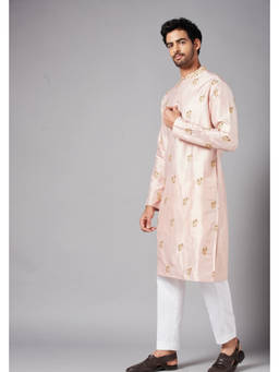 HILO DESIGN - Krusos - Peach Hand Embroidered Dupion Silk Kurta